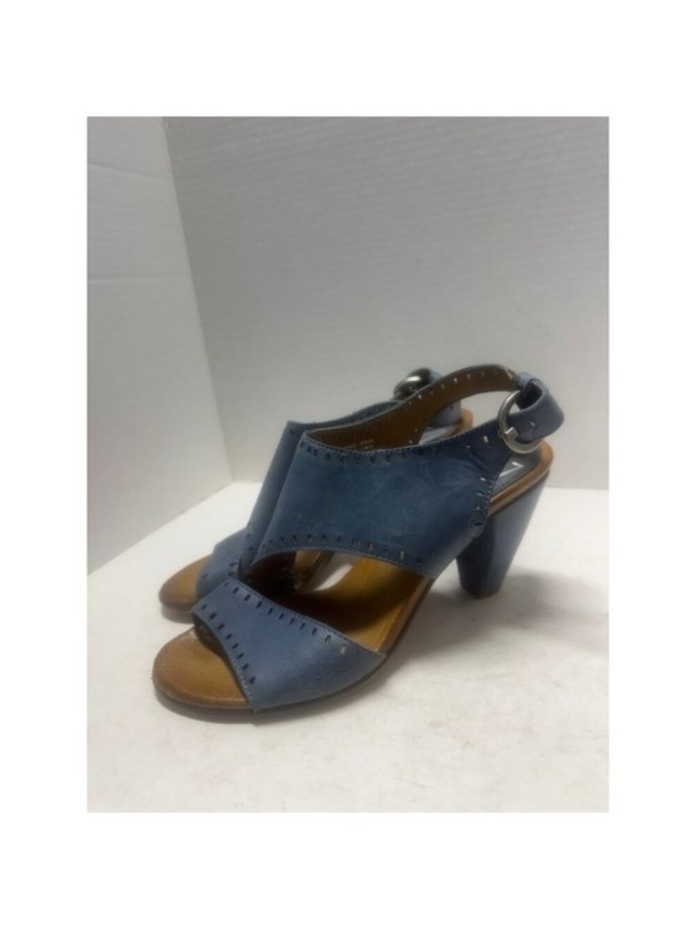 Miz Mooz Blue Leather Perforated Slingback Cone Heel Sandals Size 38 7.5